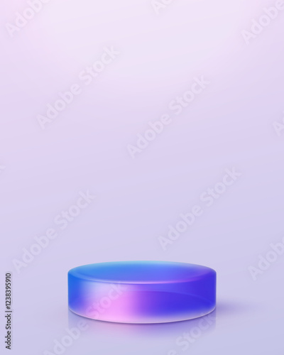 3d iridescent hologram disk, coin, podium, pedestal. Render figure with purple, pink, blue colors. Vector illustration isolated on white for design projects, product display, presentation, adv