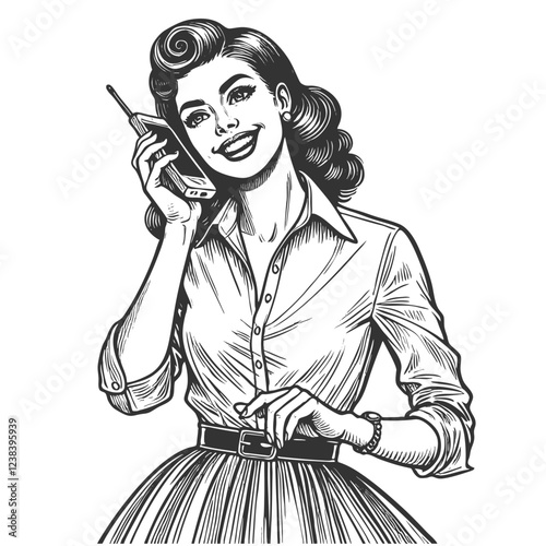 woman with styled hair and a classic outfit talking on a phone, exuding nostalgic charm sketch engraving generative ai vector illustration. Scratch board imitation. Black and white image.