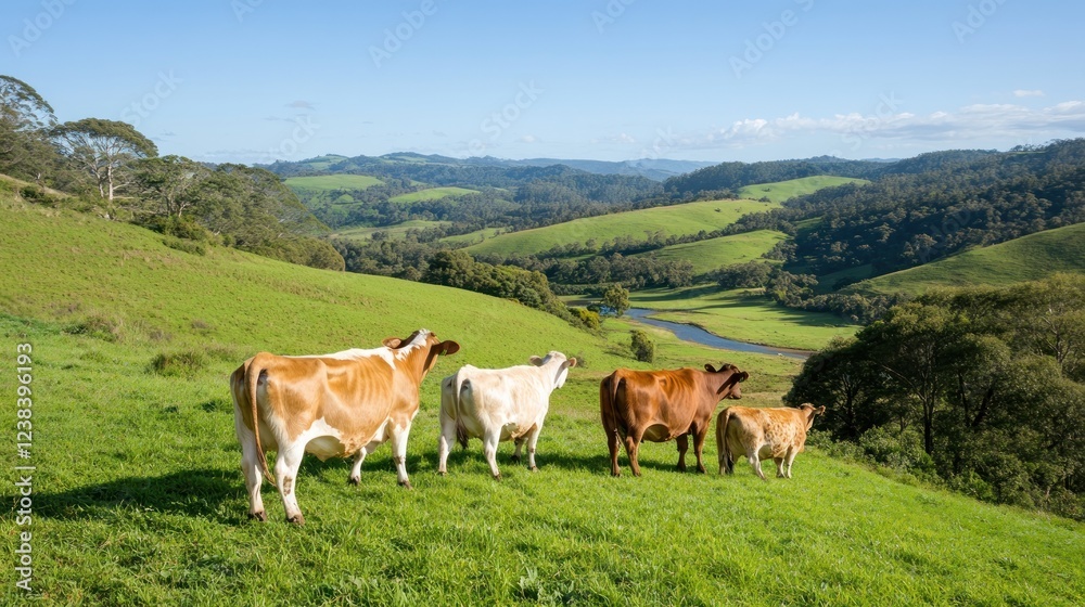 Cows Grazing on Lush Green Hillside Overlooking Scenic Valley and River under Blue Sky Cows Grazing on Lush Green Hillside Overlooking Scenic Valley and River under Blue Sky