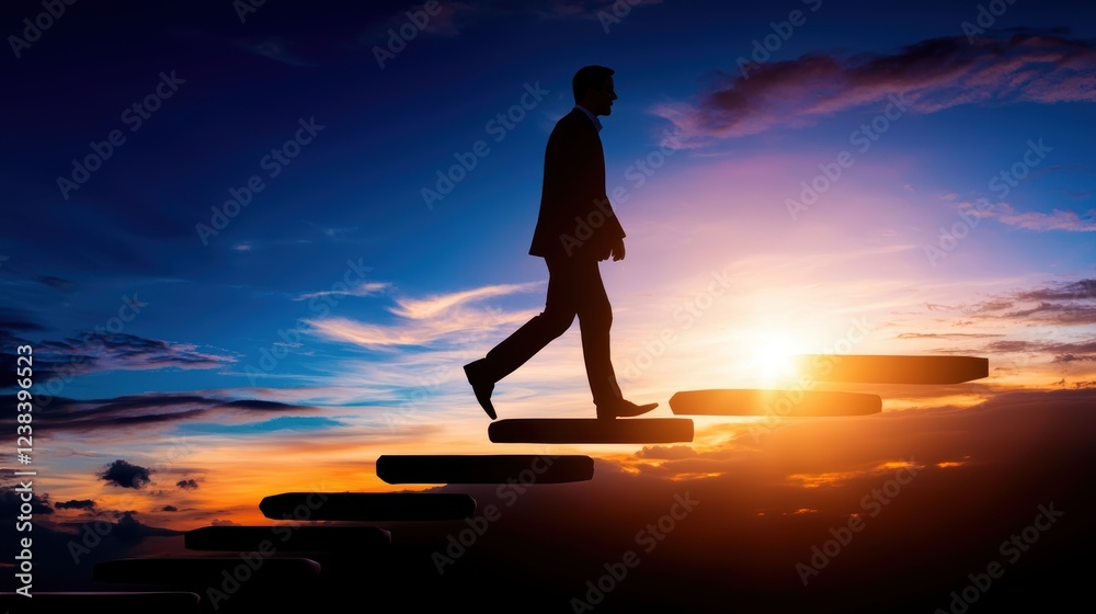 A silhouette of a person walking up stairs against a vibrant sunset, symbolizing progress, ambition, and personal growth. A silhouette of a person walking up stairs against a vibrant sunset, symbolizing progress, ambition, and personal growth.