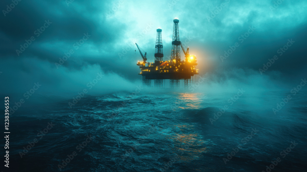 Fototapeta premium Offshore oil rig at dawn, illuminated against stormy sky and waves