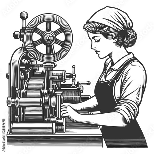 woman operating an industrial machine, evoking historical factory work and early 20th-century labor sketch engraving generative ai vector illustration. Scratch board imitation. Black and white image.