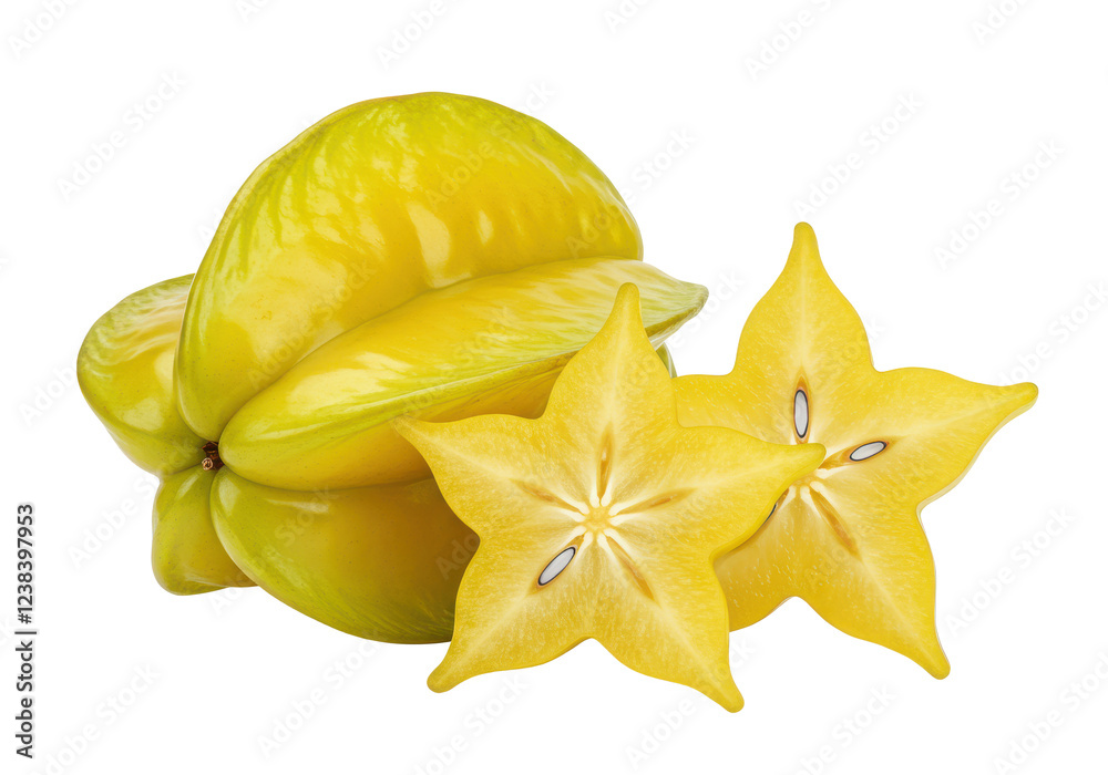 A whole starfruit and a cross-section slice, isolated on white background, no depth of field, sharp. A whole starfruit and a cross-section slice, isolated on white background, no depth of field, sharp.