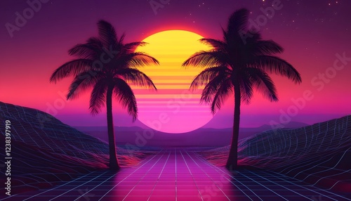 Retro Sunset Scene With Two Palm Trees And Grid Landscape photo