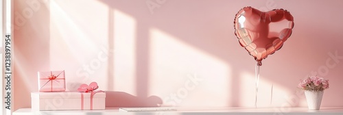 Valentine's Day Gift Boxes and Heart-Shaped Balloons on Pink Background and Copy Space.