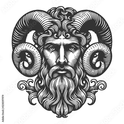 man with flowing hair, a thick beard, and majestic ram horns, embodying mythological symbolism sketch engraving generative ai vector illustration. Scratch board imitation. Black and white image.