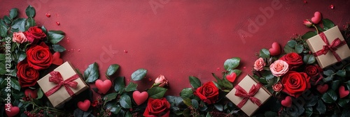 Valentine's Day Gifts and Roses, Heart Decoration Background Top View Photo.