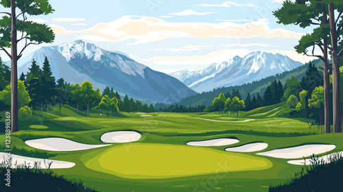 Golf Course Sport Field Nature Landscape with Mountains View in the background