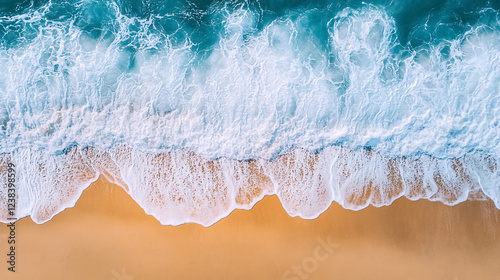 Fototapeta Naklejka Na Ścianę i Meble -  Waves gently crashing on the beach, serving as a beautiful natural background during summer.