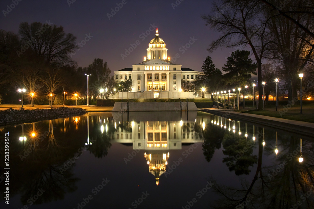 Fototapeta premium Illuminated building with reflections on water