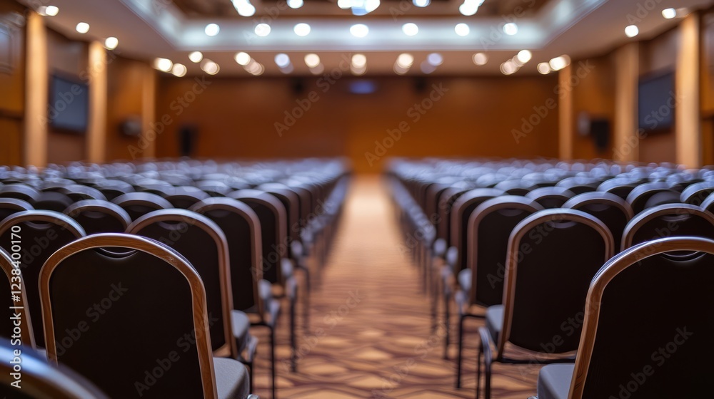 Empty Chairs In A Conference Hall, Arranged In Rows, Ready For An Event. Empty Chairs In A Conference Hall, Arranged In Rows, Ready For An Event.