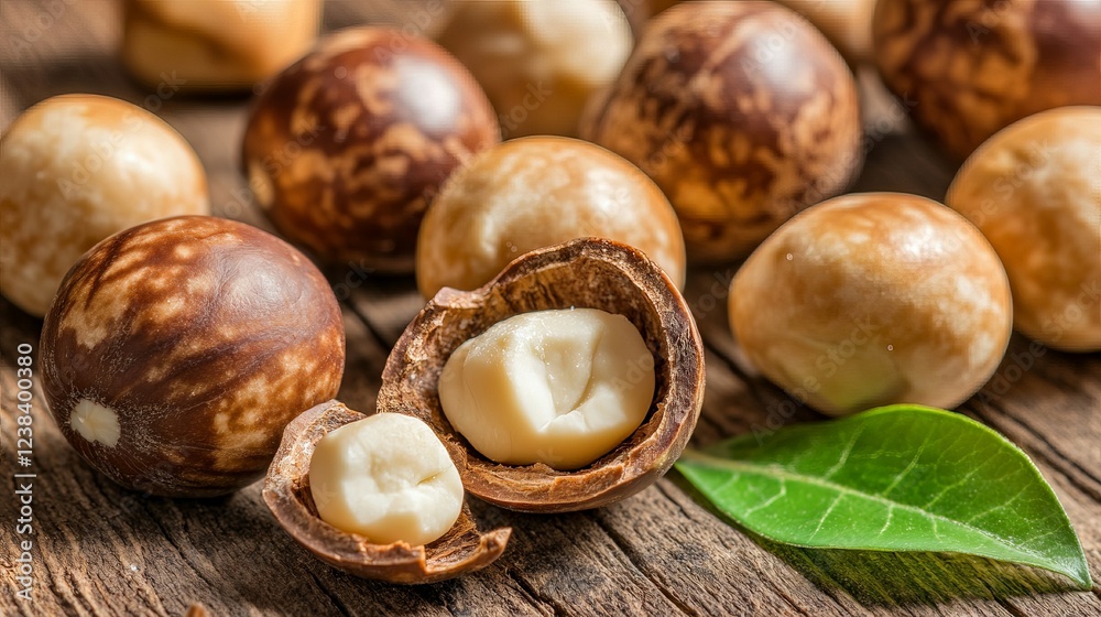 Obraz premium Macadamia nuts showing their inner seed on rustic wooden table
