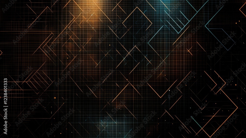 A digital abstract background featuring geometric patterns and vibrant lines in shades of blue, orange, and black. A digital abstract background featuring geometric patterns and vibrant lines in shades of blue, orange, and black.