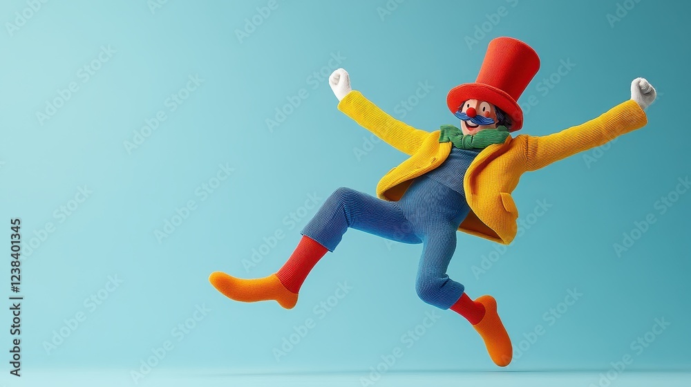 A whimsical clown figurine in vibrant colors is joyfully leaping against a soft blue background, exuding fun and playfulness. A whimsical clown figurine in vibrant colors is joyfully leaping against a soft blue background, exuding fun and playfulness.