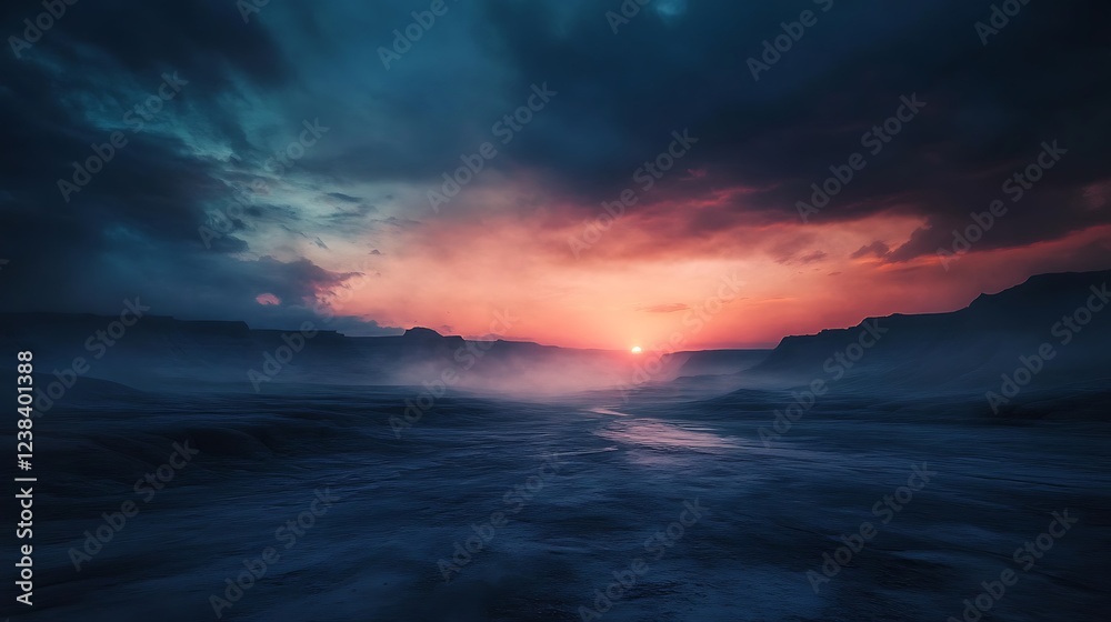 Dramatic sunset over a misty, mountainous landscape.