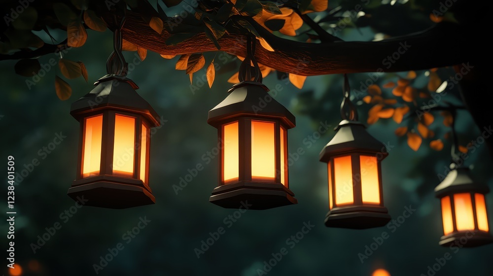 Lanterns glow warmly in a serene, dimly lit setting, hanging from a branch amidst lush foliage, creating a tranquil ambiance. Lanterns glow warmly in a serene, dimly lit setting, hanging from a branch amidst lush foliage, creating a tranquil ambiance.