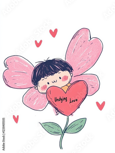 Cute zombie fairy with heart wings and wand flying over wilted heart flower with 