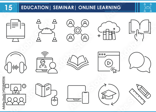 A set of line icons related to Education, seminar, and classes. Meeting, creative, online, books, connections, classroom, video, and so on. Vector editable stroke.