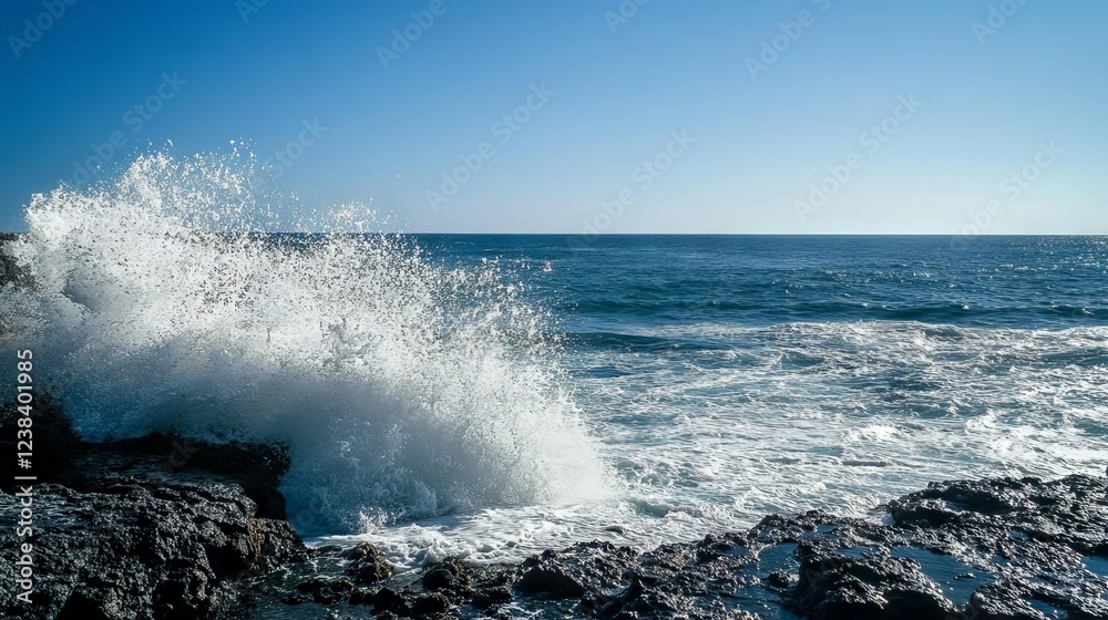 Fototapeta premium Ocean waves crashing on rocks, creating white spray against blue sky