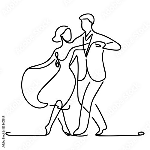 Line drawing of couple dancing elegantly on white background