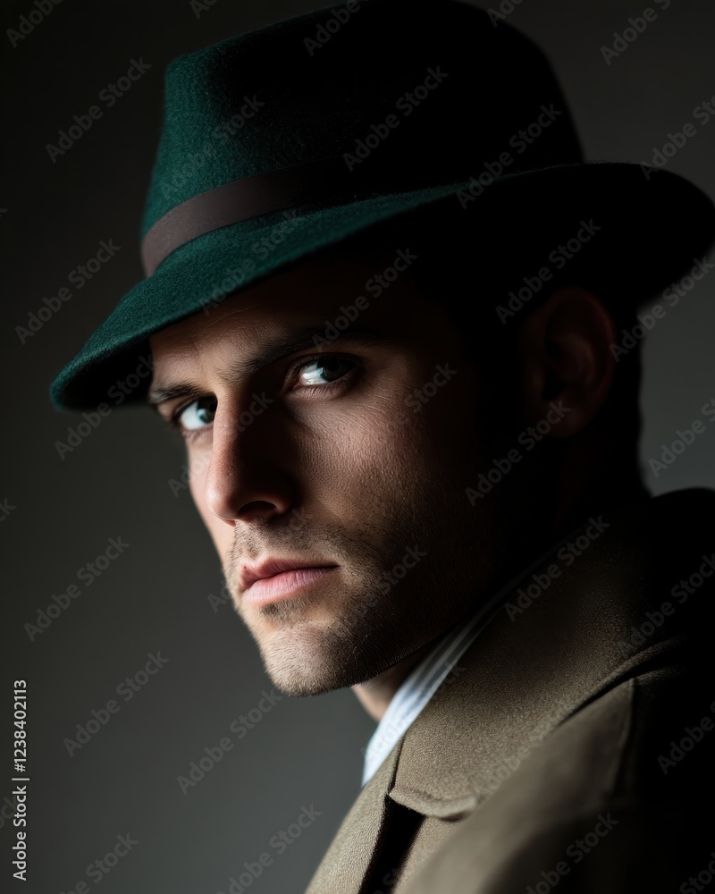 Profile of a Serious Man in a Green Hat and Brown Coat with Strong Expression Set Against a Dark Background Profile of a Serious Man in a Green Hat and Brown Coat with Strong Expression Set Against a Dark Background