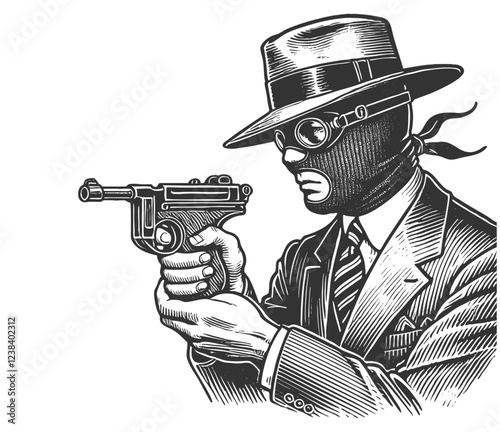 bank robber masked man in a suit and fedora aiming a pistol, evoking classic noir crime and mystery themes sketch engraving generative ai vector illustration. Scratch board. Black and white image.