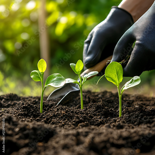 Close-up of hands planting seedlings in soil with sunlight filtering through