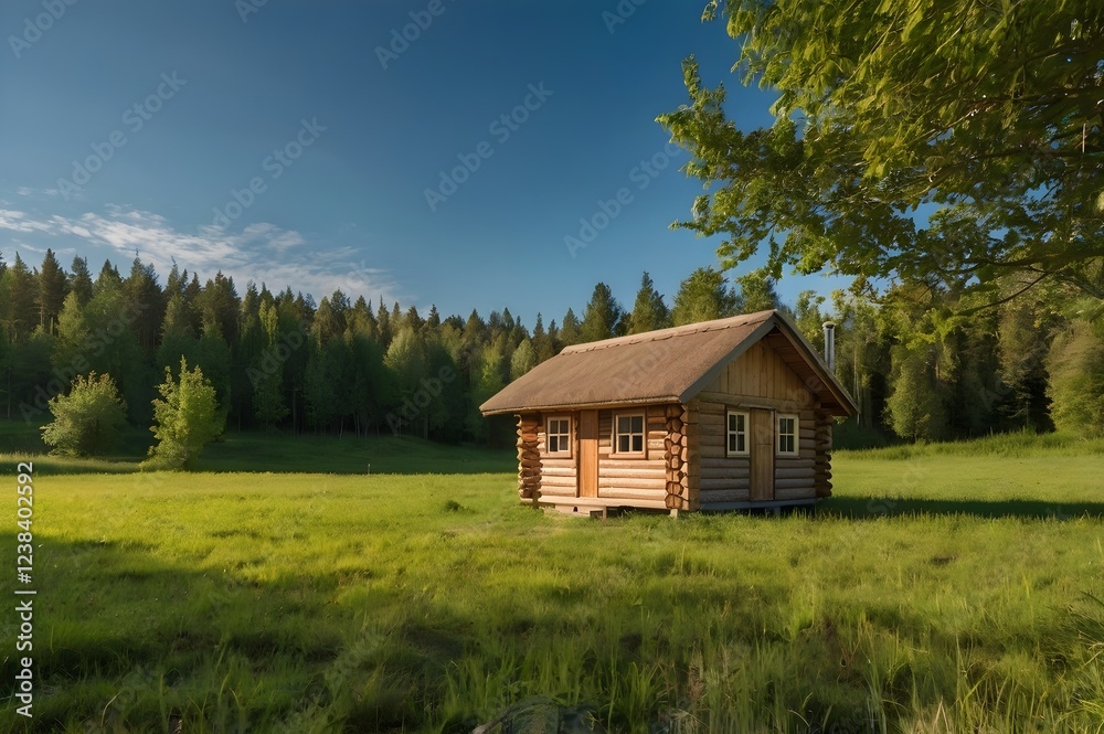 Small wooden cabin in a green field surrounded by trees under a clear blue sky captured in a tranquil rural setting with no people. Small wooden cabin in a green field surrounded by trees under a clear blue sky captured in a tranquil rural setting with no people.