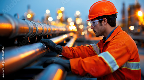 Oil and gas industry worker inspecting pipelines at sunset