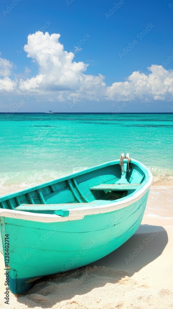 Turquoise Rowboat on Pristine Beach Tranquil Ocean View Summer Vacation Scene Turquoise Rowboat on Pristine Beach Tranquil Ocean View Summer Vacation Scene