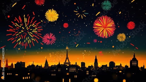 A vibrant city skyline at night, illuminated by colorful fireworks, featuring iconic structures against a gradient sunset backdrop. photo