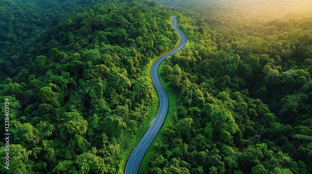 Scenic Aerial View of Winding Road Through Lush Green Forests in Early Morning Light Scenic Aerial View of Winding Road Through Lush Green Forests in Early Morning Light