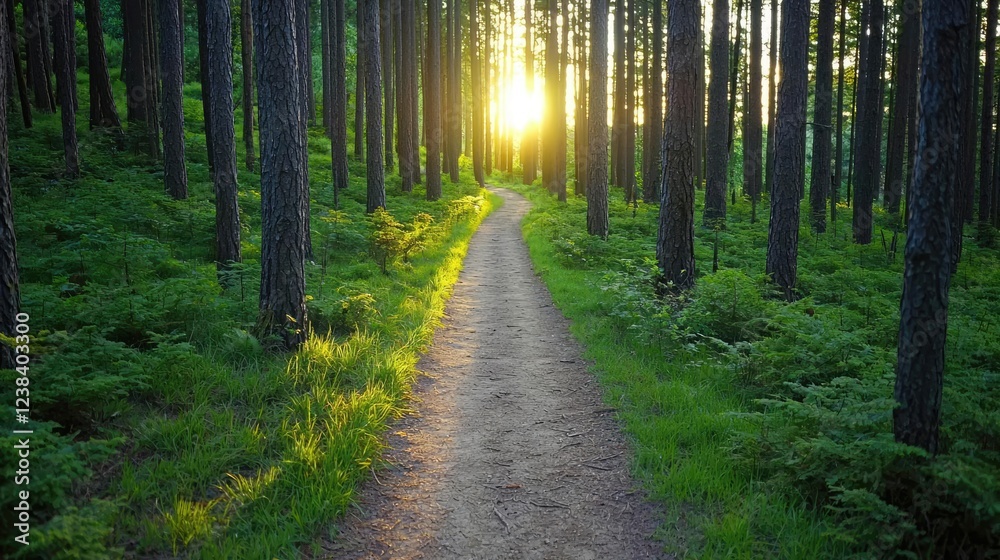 Fototapeta premium Golden hour forest nature concept. A serene forest path illuminated by warm sunlight amidst lush green foliage.