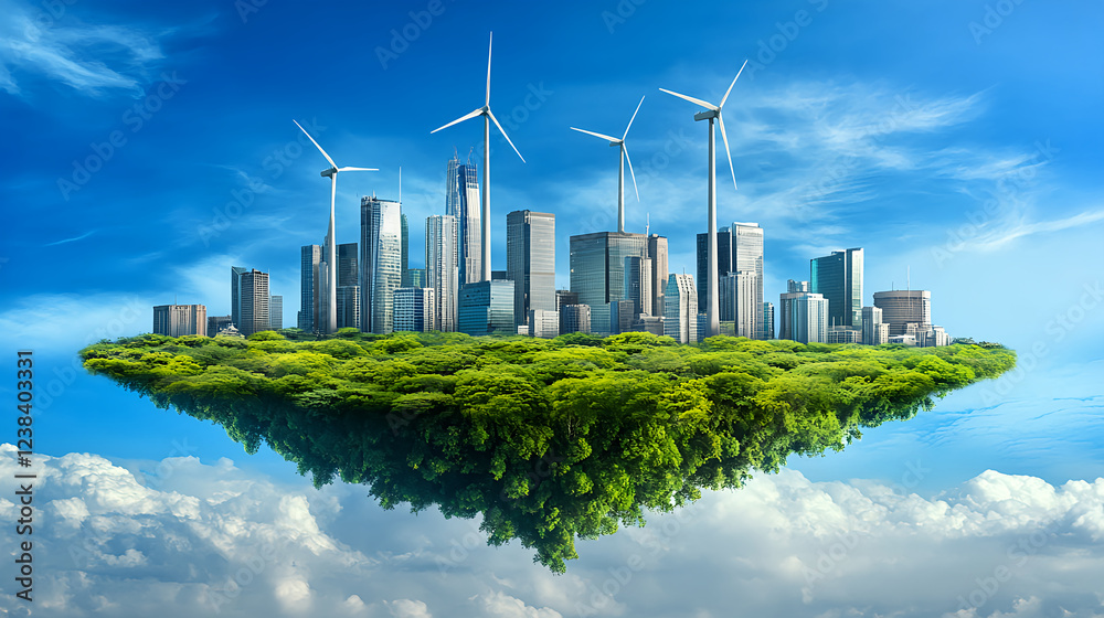 Fototapeta premium An island floating in the air with green trees and buildings, wind turbines on top of it, blue sky background, green energy concept, futuristic cityscape, clean environment, sustainable development,