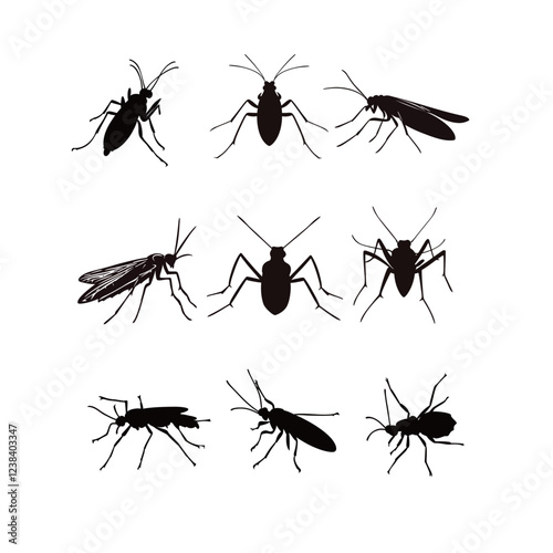 Collection of Different Assassin Bug Silhouettes in 2D Vector Set, Showcasing Various Species and Forms in a Minimalist Design