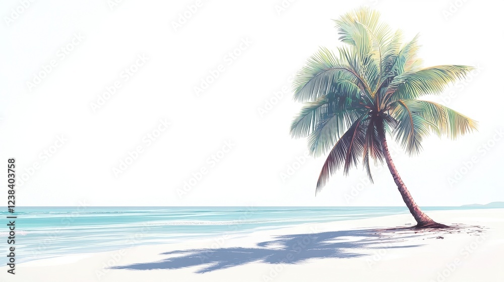 Fototapeta premium Serene Coconut Palm Tree on Tranquil Beach Under Bright Sky
