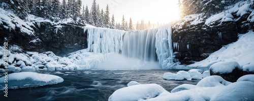 Frozen waterfall nature idea. A stunning winter waterfall surrounded by snow and icy formations at sunrise.