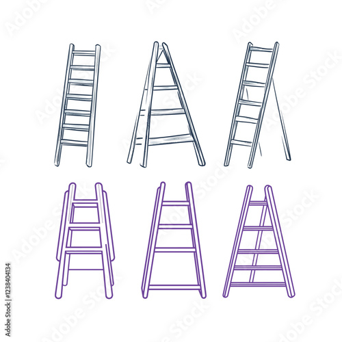 A Set of Ladder Vector Outline Illustrations in Minimalist Style, Featuring Various Ladder Designs with Clean and Precise Line Art for Architectural and Construction Concepts