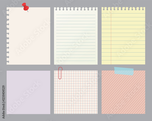 Paper with push pin, Paper clip and adhesive tape, Note sheet, sticky note, notebook page, Templates for note message, vector