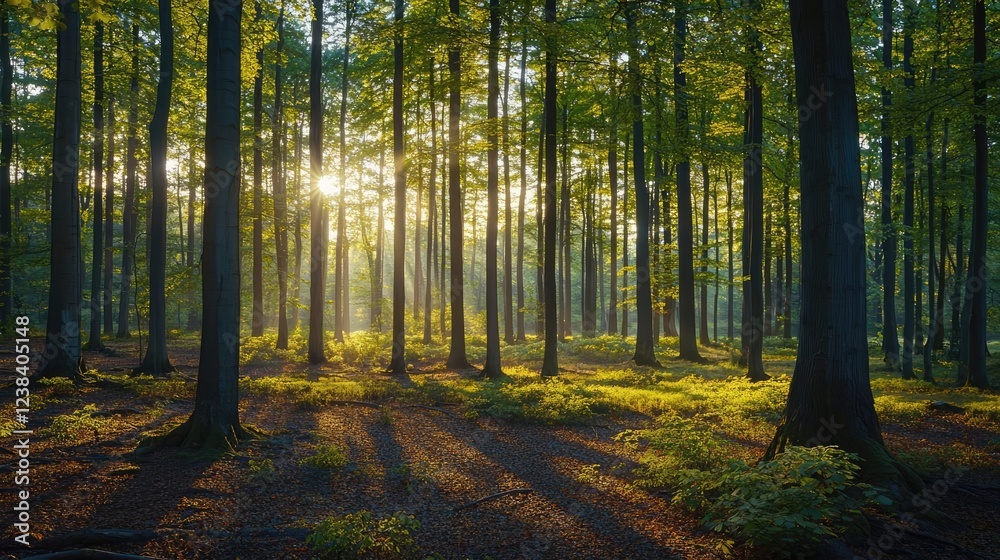 Fototapeta premium Golden hour forest nature concept. Sunlight filters through lush trees, creating a tranquil forest atmosphere.