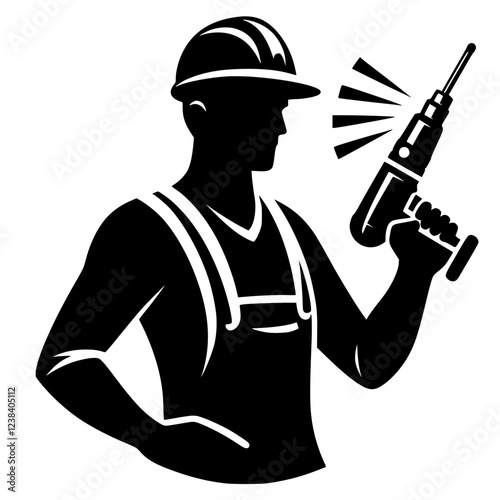 Construction Worker with Drill: A Powerful Silhouette Image Representing Industry and Labor