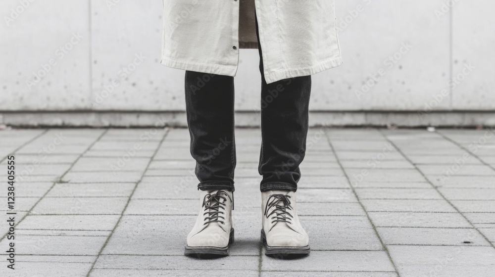 Beige boots, black pants, white coat, city backdrop. Lifestyle photo Beige boots, black pants, white coat, city backdrop. Lifestyle photo