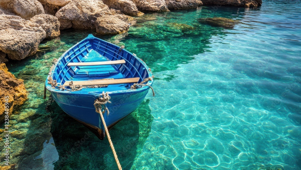 Obraz premium Tranquil Azure: A Blue Boat in Crystal Clear Waters