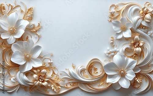 Elegant White Floral Design with Golden Swirls on a Light Decorative Background
