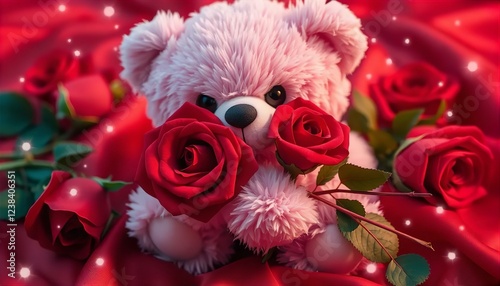 Adorable Pink Teddy Bear Holding Red Roses Valentine's Day Gift Romantic Plush Toy Sweet Love Image