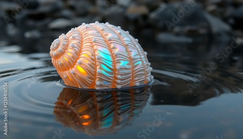 Luminous Seashell in Water: 3D Rendered Image of Glowing, Iridescent Shell with Ripples, Fantasy Art, Digital Artwork