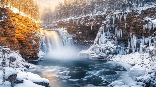 Frozen waterfall nature idea. A serene winter landscape featuring a frozen waterfall and icy surroundings.
