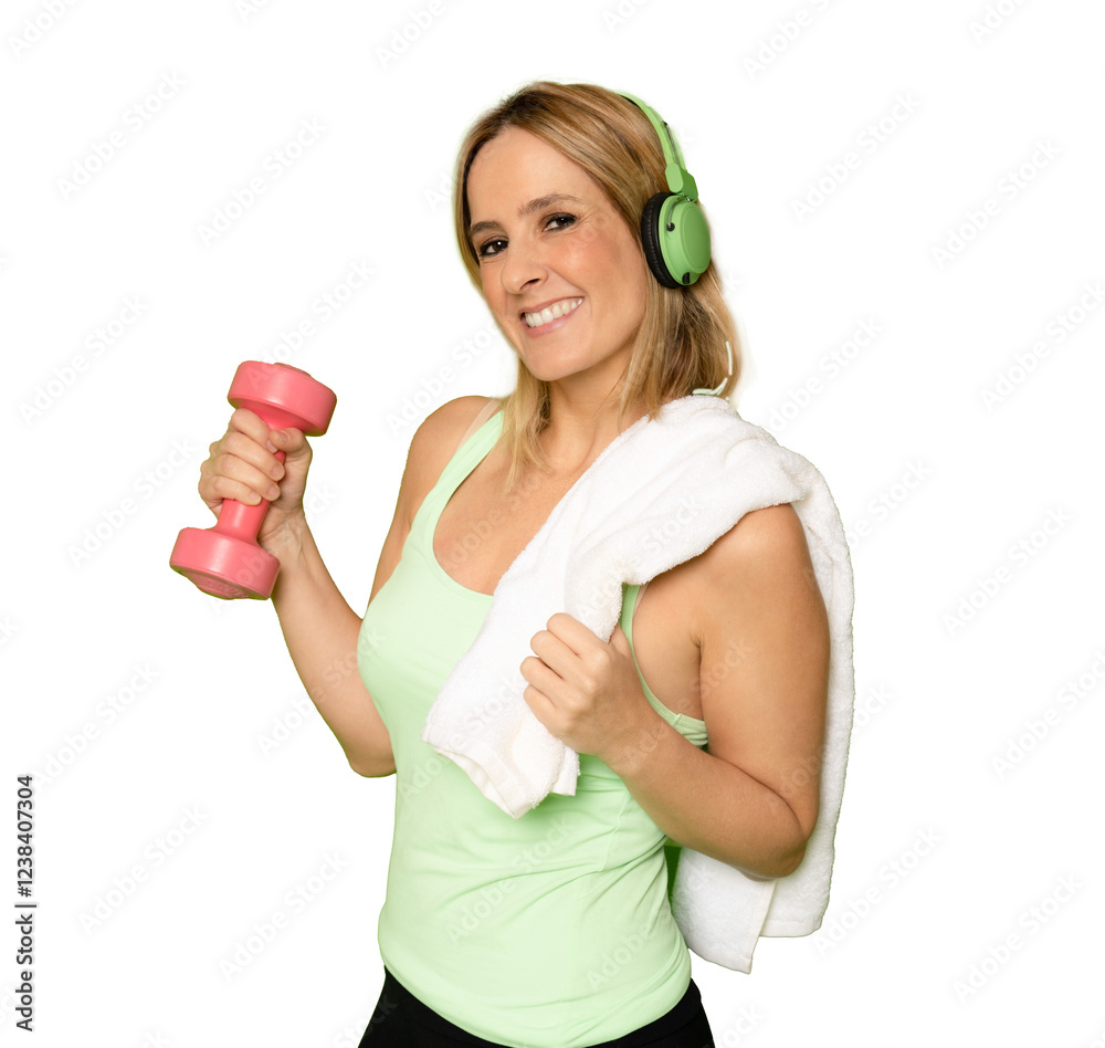 Young fitness woman runner with headphone and towel, isolated on transparent background. Dynamic movement. PNG transparent. Young fitness woman runner with headphone and towel, isolated on transparent background. Dynamic movement. PNG transparent.