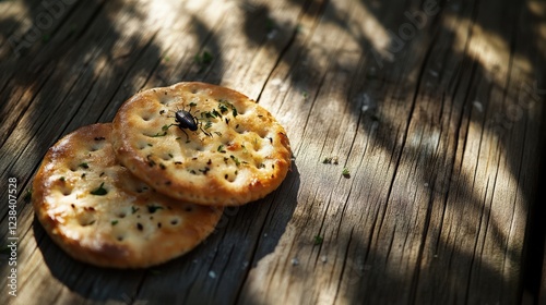 Freshly Baked Flatbreads on Wooden Table Surrounded by Shadows