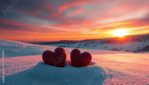 Romantic Winter Sunset: Two Red Hearts in Snowy Mountains Landscape, Valentine's Day Love Scene, Peaceful Nature Photography